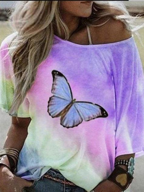 Loose Butterfly Print Short-sleeved T-shirt - T-shirts - INS | Online Fashion Free Shipping Clothing, Dresses, Tops, Shoes - 05/06/2021 - Color_Blue - Color_Purple