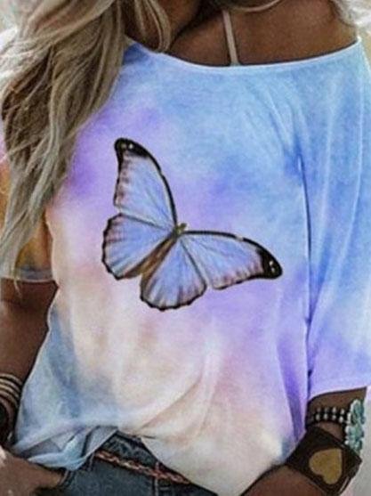 Loose Butterfly Print Short-sleeved T-shirt - T-shirts - INS | Online Fashion Free Shipping Clothing, Dresses, Tops, Shoes - 05/06/2021 - Color_Blue - Color_Purple