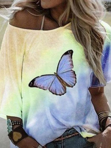 Loose Butterfly Print Short-sleeved T-shirt - T-shirts - INS | Online Fashion Free Shipping Clothing, Dresses, Tops, Shoes - 05/06/2021 - Color_Blue - Color_Purple