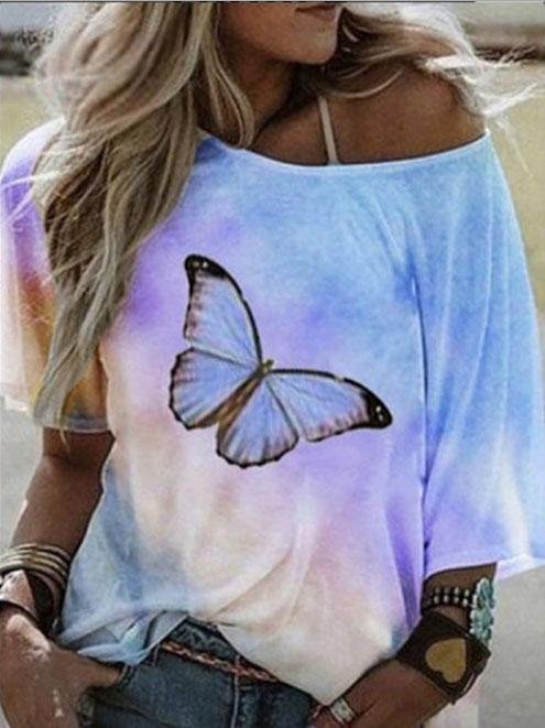 Loose Butterfly Print Short-sleeved T-shirt - T-shirts - INS | Online Fashion Free Shipping Clothing, Dresses, Tops, Shoes - 05/06/2021 - Color_Blue - Color_Purple