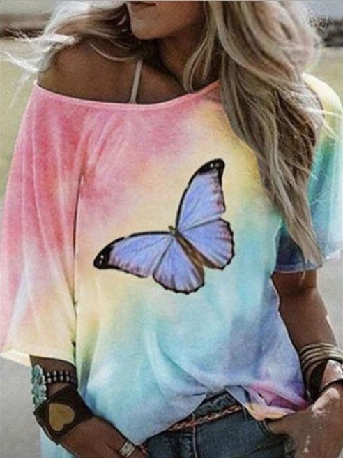 Loose Butterfly Print Short-sleeved T-shirt - T-shirts - INS | Online Fashion Free Shipping Clothing, Dresses, Tops, Shoes - 05/06/2021 - Color_Blue - Color_Purple