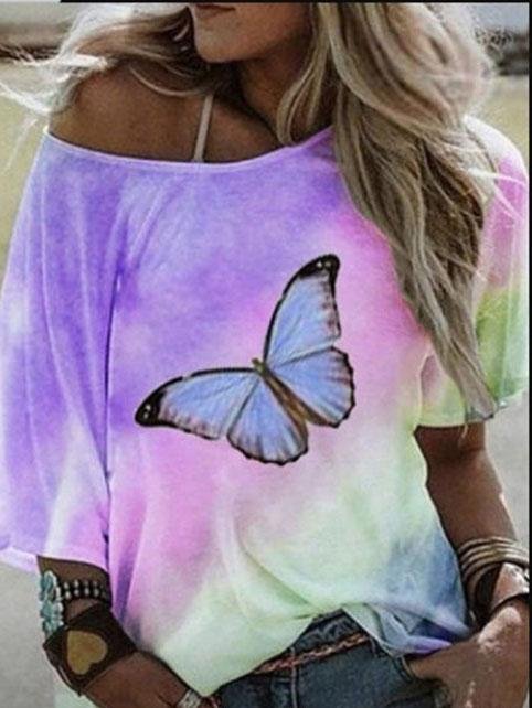 Loose Butterfly Print Short-sleeved T-shirt - T-shirts - INS | Online Fashion Free Shipping Clothing, Dresses, Tops, Shoes - 05/06/2021 - Color_Blue - Color_Purple