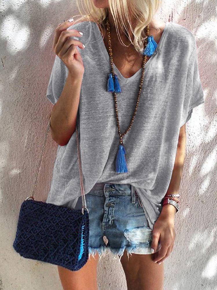 Loose Candy Color V-Neck Short Sleeve T-Shirt - T-Shirts - INS | Online Fashion Free Shipping Clothing, Dresses, Tops, Shoes - 05/07/2021 - 10-20 - Category_T-Shirts