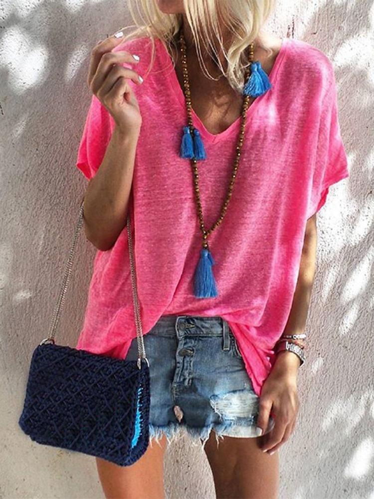 Loose Candy Color V-Neck Short Sleeve T-Shirt - T-Shirts - INS | Online Fashion Free Shipping Clothing, Dresses, Tops, Shoes - 05/07/2021 - 10-20 - Category_T-Shirts