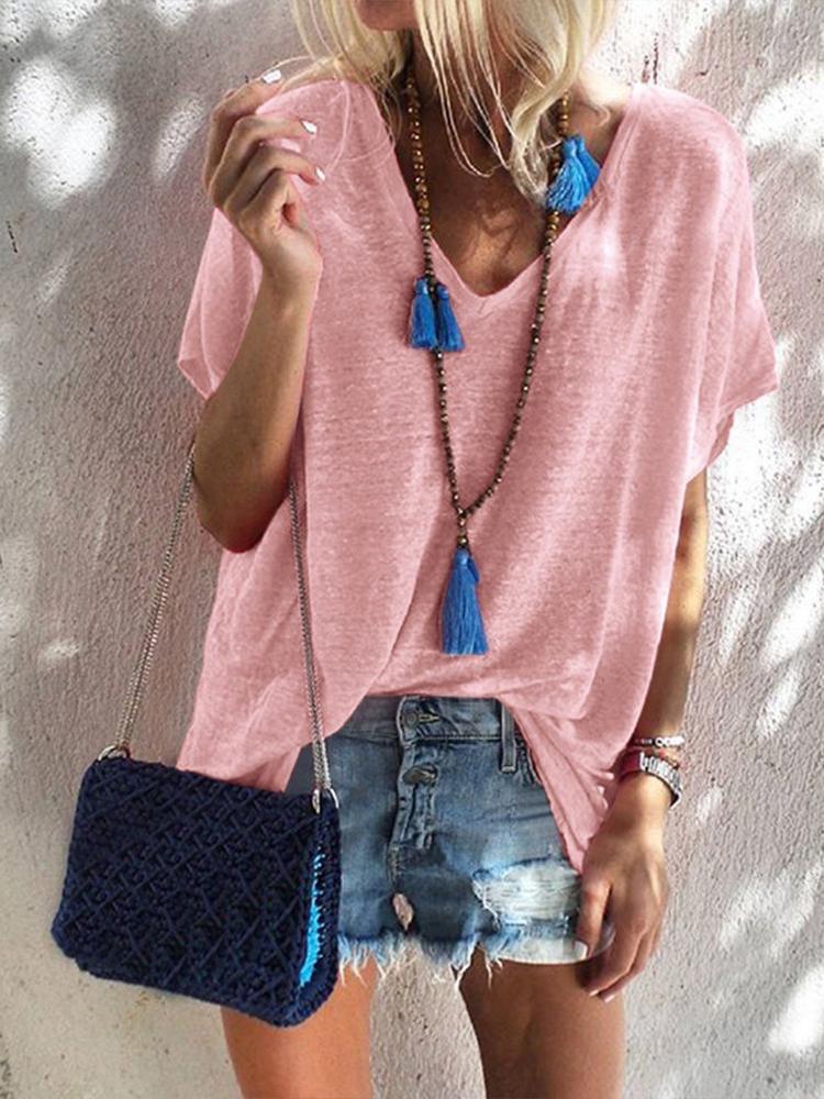 Loose Candy Color V-Neck Short Sleeve T-Shirt - T-Shirts - INS | Online Fashion Free Shipping Clothing, Dresses, Tops, Shoes - 05/07/2021 - 10-20 - Category_T-Shirts