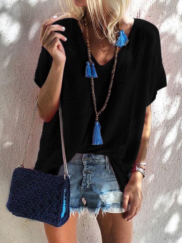 Loose Candy Color V-Neck Short Sleeve T-Shirt - T-Shirts - INS | Online Fashion Free Shipping Clothing, Dresses, Tops, Shoes - 05/07/2021 - 10-20 - Category_T-Shirts