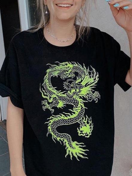Loose Casual Mid-length Round Neck Dragon Print T-shirt - T-Shirts - INS | Online Fashion Free Shipping Clothing, Dresses, Tops, Shoes - 14/05/2021 - 140521 - Category_T-Shirts