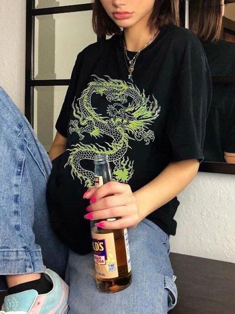 Loose Casual Mid-length Round Neck Dragon Print T-shirt - T-Shirts - INS | Online Fashion Free Shipping Clothing, Dresses, Tops, Shoes - 14/05/2021 - 140521 - Category_T-Shirts