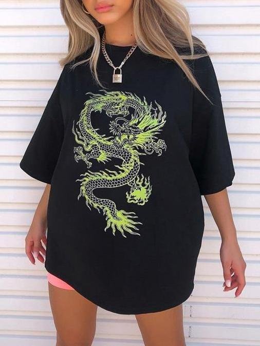 Loose Casual Mid-length Round Neck Dragon Print T-shirt - T-Shirts - INS | Online Fashion Free Shipping Clothing, Dresses, Tops, Shoes - 14/05/2021 - 140521 - Category_T-Shirts