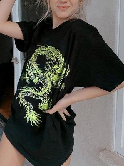 Loose Casual Mid-length Round Neck Dragon Print T-shirt - T-Shirts - INS | Online Fashion Free Shipping Clothing, Dresses, Tops, Shoes - 14/05/2021 - 140521 - Category_T-Shirts