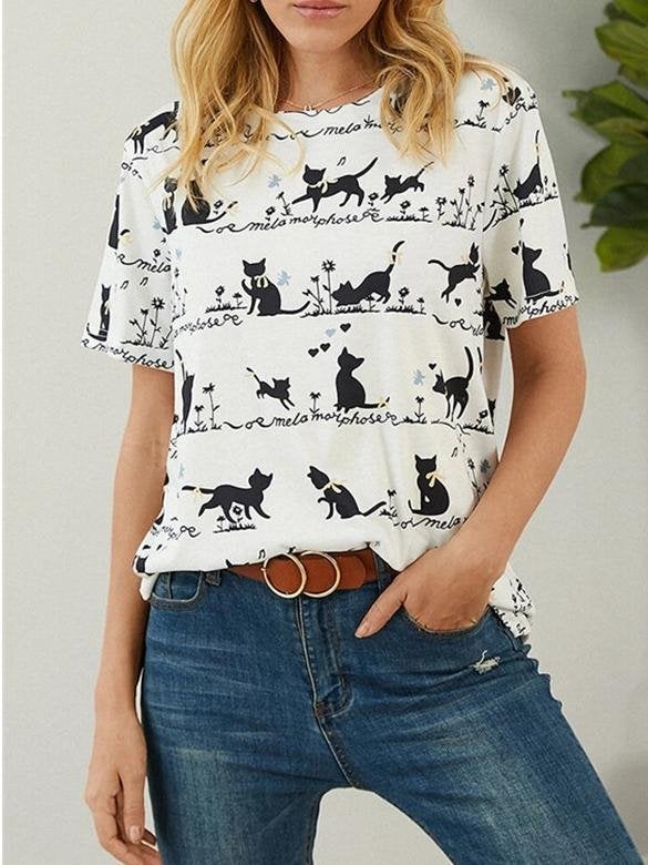 Loose Cat Print Short-sleeved T-shirt - T-shirts - INS | Online Fashion Free Shipping Clothing, Dresses, Tops, Shoes - 10-20 - 21/06/2021 - color-white