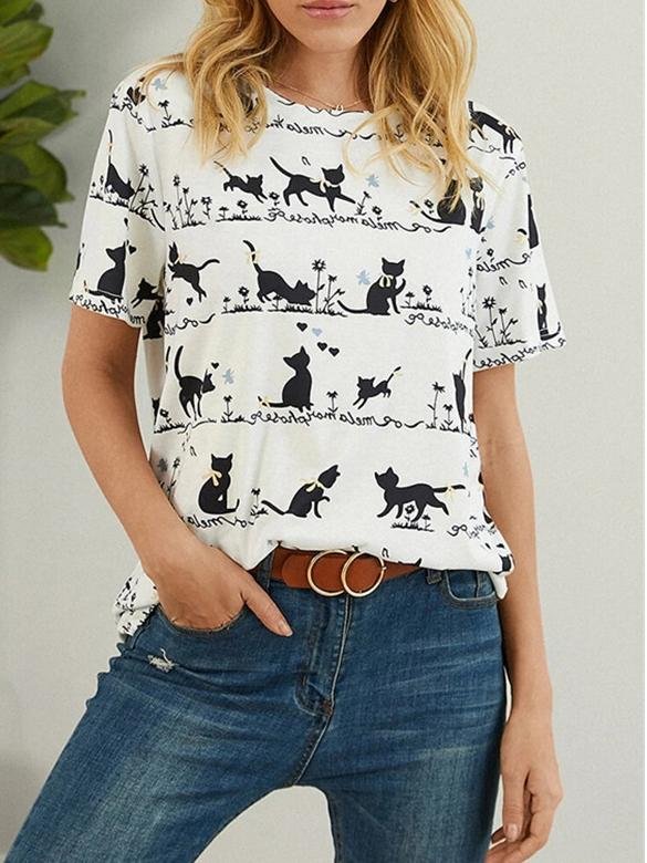 Loose Cat Print Short-sleeved T-shirt - T-shirts - INS | Online Fashion Free Shipping Clothing, Dresses, Tops, Shoes - 10-20 - 21/06/2021 - color-white