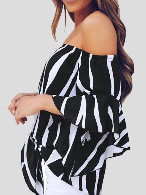 Loose Chiffon Off Shoulder Striped Front Tie 3/4 Sleeve Blouses - Blouses - INS | Online Fashion Free Shipping Clothing, Dresses, Tops, Shoes - 10-20 - 22/07/2021 - BLO2107221250