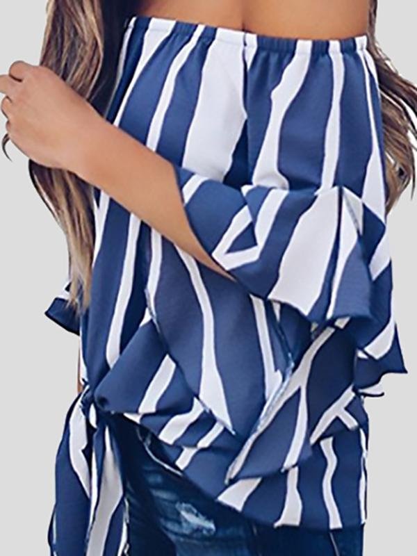 Loose Chiffon Off Shoulder Striped Front Tie 3/4 Sleeve Blouses - Blouses - INS | Online Fashion Free Shipping Clothing, Dresses, Tops, Shoes - 10-20 - 22/07/2021 - BLO2107221250