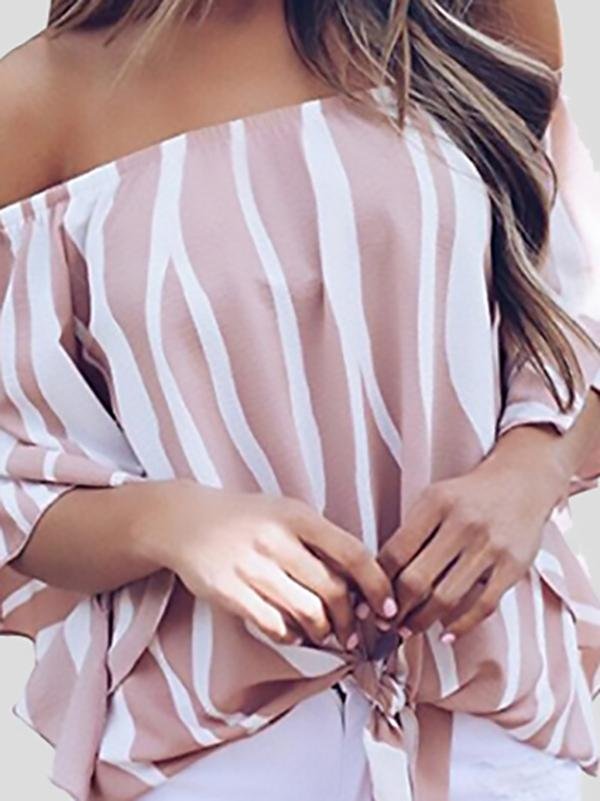 Loose Chiffon Off Shoulder Striped Front Tie 3/4 Sleeve Blouses - Blouses - INS | Online Fashion Free Shipping Clothing, Dresses, Tops, Shoes - 10-20 - 22/07/2021 - BLO2107221250