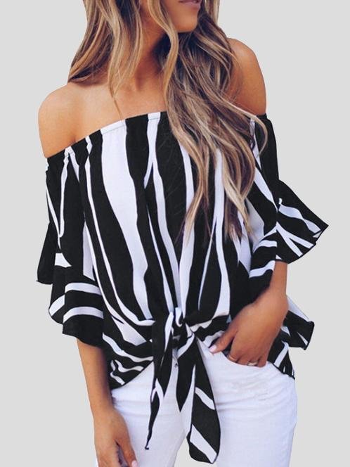 Loose Chiffon Off Shoulder Striped Front Tie 3/4 Sleeve Blouses - Blouses - INS | Online Fashion Free Shipping Clothing, Dresses, Tops, Shoes - 10-20 - 22/07/2021 - BLO2107221250