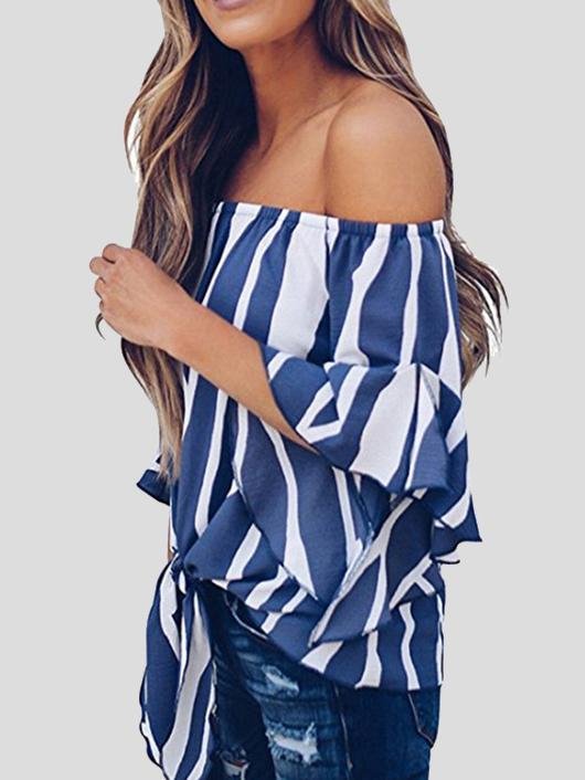 Loose Chiffon Off Shoulder Striped Front Tie 3/4 Sleeve Blouses - Blouses - INS | Online Fashion Free Shipping Clothing, Dresses, Tops, Shoes - 10-20 - 22/07/2021 - BLO2107221250