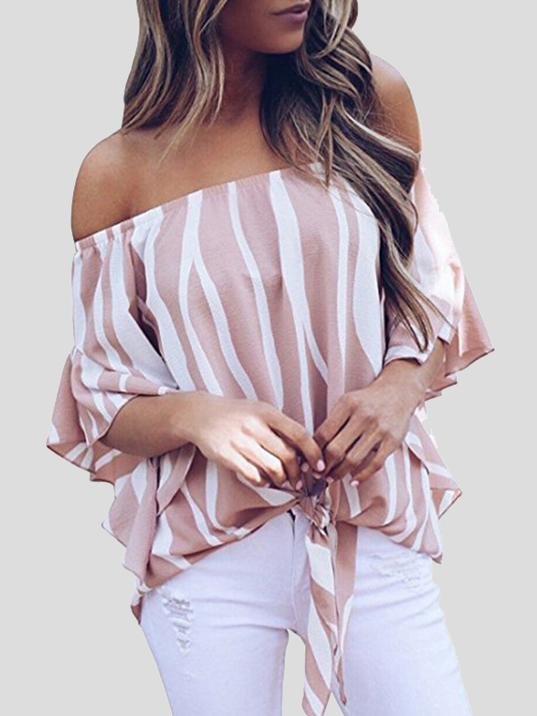 Loose Chiffon Off Shoulder Striped Front Tie 3/4 Sleeve Blouses - Blouses - INS | Online Fashion Free Shipping Clothing, Dresses, Tops, Shoes - 10-20 - 22/07/2021 - BLO2107221250