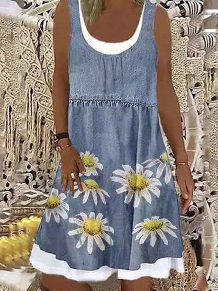 Loose Chrysanthemum Print Sleeveless Denim Dress - Mini Dresses - INS | Online Fashion Free Shipping Clothing, Dresses, Tops, Shoes - 09/07/2021 - 20-30 - Category_Mini Dresses