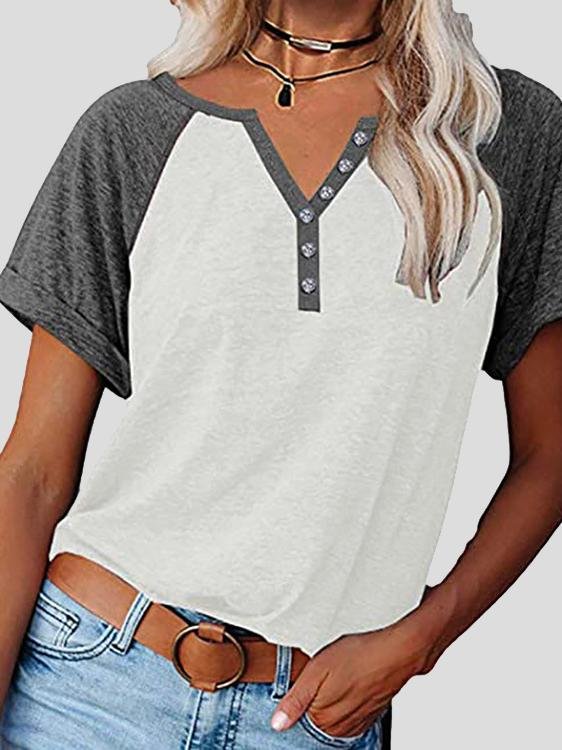 Loose Color Block Button Short Sleeve T-Shirt - T-Shirts - INS | Online Fashion Free Shipping Clothing, Dresses, Tops, Shoes - 10-20 - 21/06/2021 - Category_T-Shirts