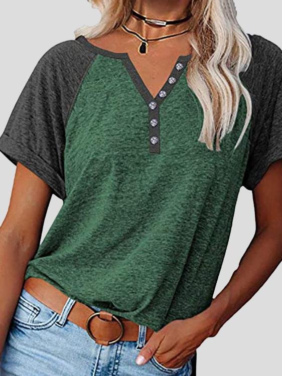 Loose Color Block Button Short Sleeve T-Shirt - T-Shirts - INS | Online Fashion Free Shipping Clothing, Dresses, Tops, Shoes - 10-20 - 21/06/2021 - Category_T-Shirts