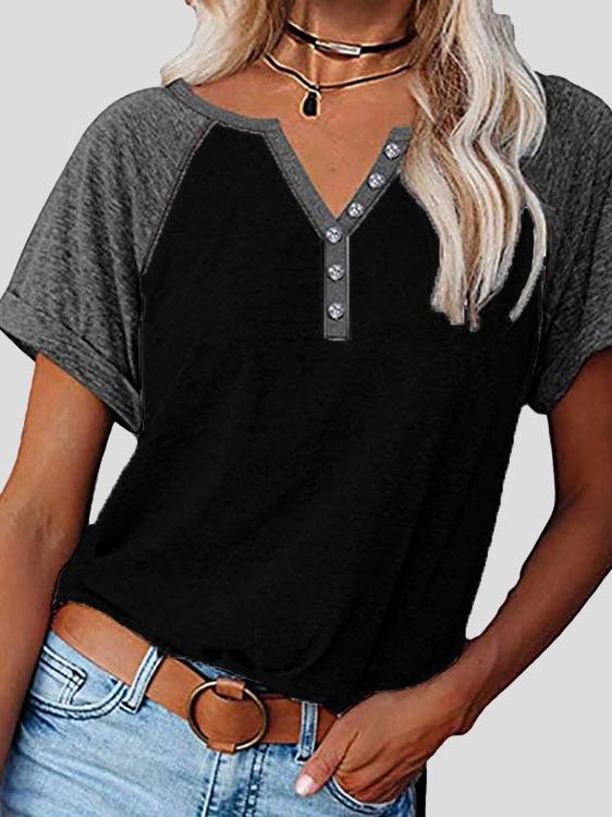 Loose Color Block Button Short Sleeve T-Shirt - T-Shirts - INS | Online Fashion Free Shipping Clothing, Dresses, Tops, Shoes - 10-20 - 21/06/2021 - Category_T-Shirts