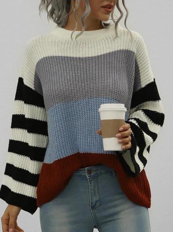 Loose Colorblock Stripes Crew Neck Sweater - Sweaters - INS | Online Fashion Free Shipping Clothing, Dresses, Tops, Shoes - 02/08/2021 - Autumn - Casual