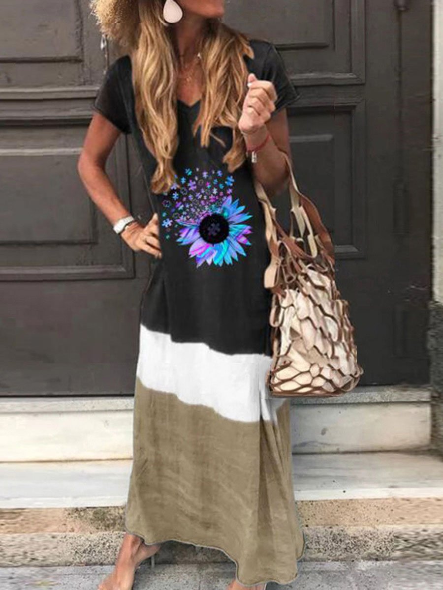 Loose Contrast Stitching Short-sleeved Dress - Maxi Dresses - INS | Online Fashion Free Shipping Clothing, Dresses, Tops, Shoes - 20-30 - 28/06/2021 - color-blue