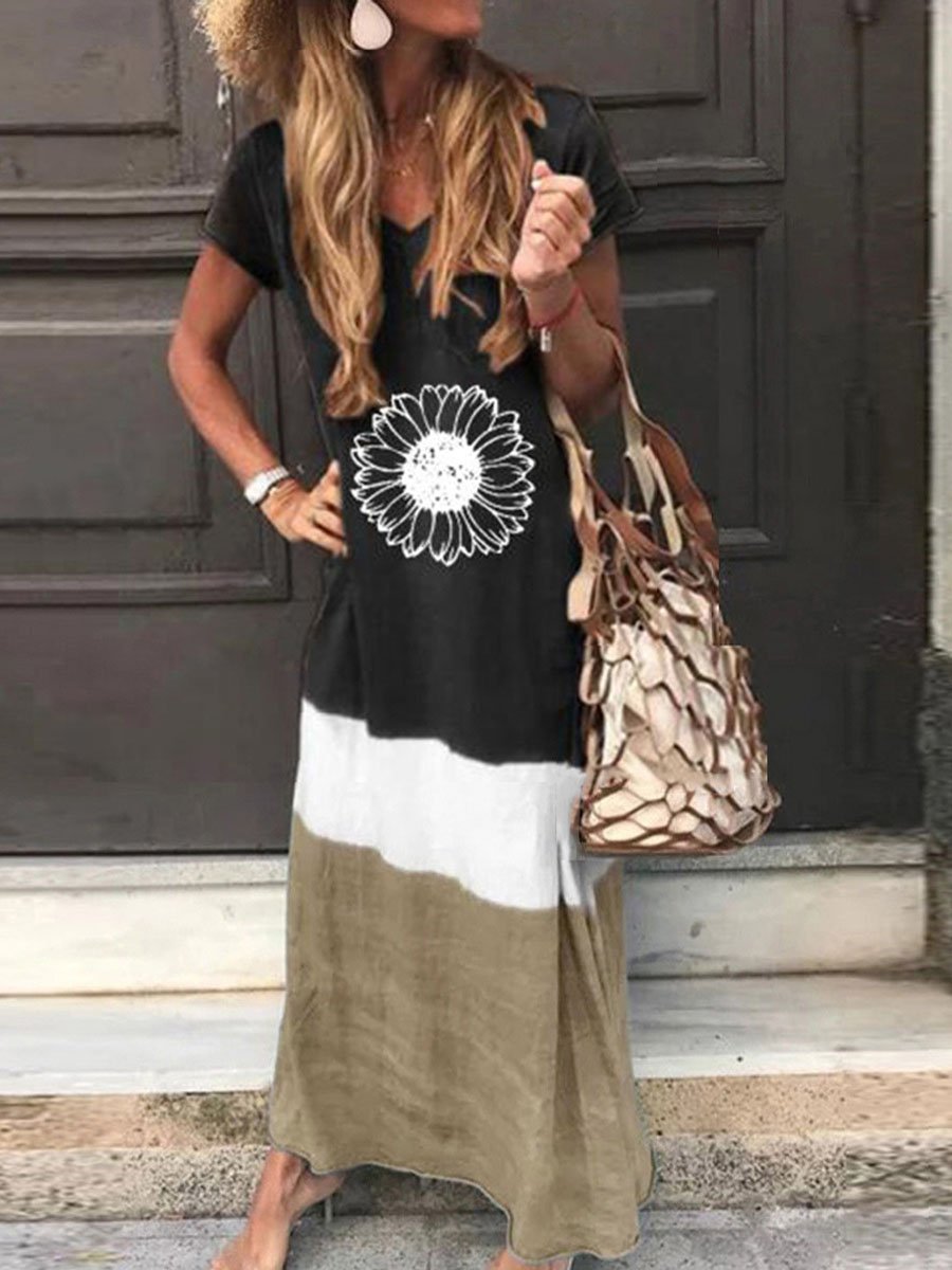 Loose Contrast Stitching Short-sleeved Dress - Maxi Dresses - INS | Online Fashion Free Shipping Clothing, Dresses, Tops, Shoes - 20-30 - 28/06/2021 - color-blue