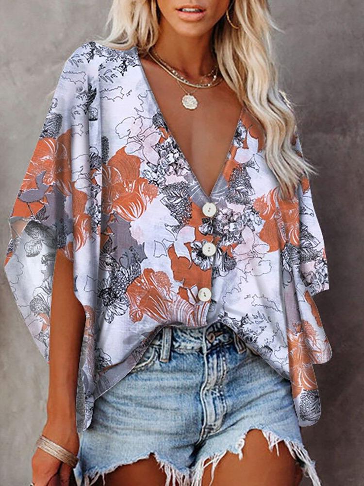 Loose Deep V-neck Mid-sleeved Shirt - Blouses - INS | Online Fashion Free Shipping Clothing, Dresses, Tops, Shoes - 11/06/2021 - BLO2106110099 - Blouses