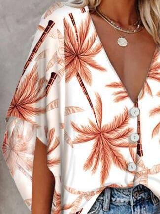 Loose Deep V-neck Mid-sleeved Shirt - Blouses - INS | Online Fashion Free Shipping Clothing, Dresses, Tops, Shoes - 11/06/2021 - BLO2106110099 - Blouses