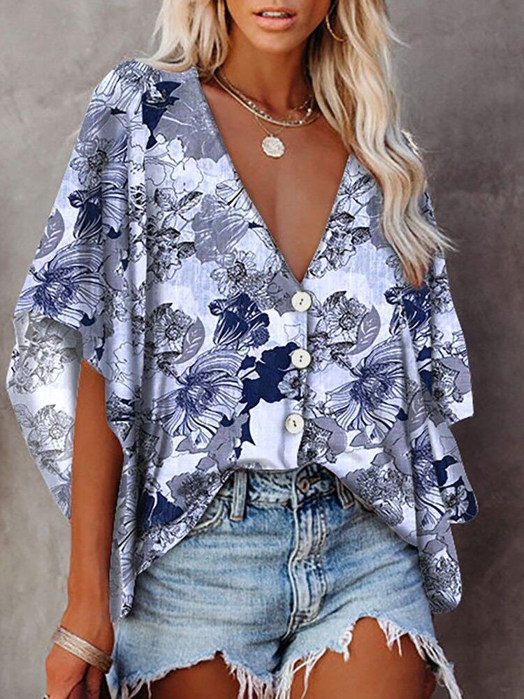 Loose Deep V-neck Mid-sleeved Shirt - Blouses - INS | Online Fashion Free Shipping Clothing, Dresses, Tops, Shoes - 11/06/2021 - BLO2106110099 - Blouses