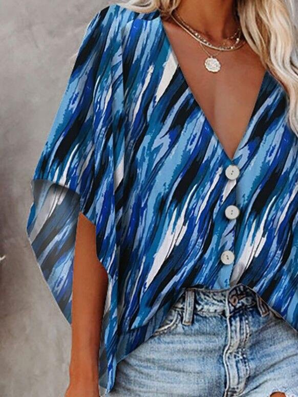 Loose Deep V-neck Mid-sleeved Shirt - Blouses - INS | Online Fashion Free Shipping Clothing, Dresses, Tops, Shoes - 11/06/2021 - BLO2106110099 - Blouses