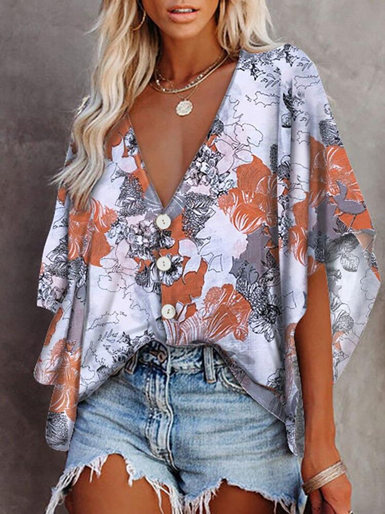 Loose Deep V-neck Mid-sleeved Shirt - Blouses - INS | Online Fashion Free Shipping Clothing, Dresses, Tops, Shoes - 11/06/2021 - BLO2106110099 - Blouses