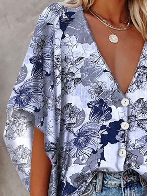 Loose Deep V-neck Mid-sleeved Shirt - Blouses - INS | Online Fashion Free Shipping Clothing, Dresses, Tops, Shoes - 11/06/2021 - BLO2106110099 - Blouses