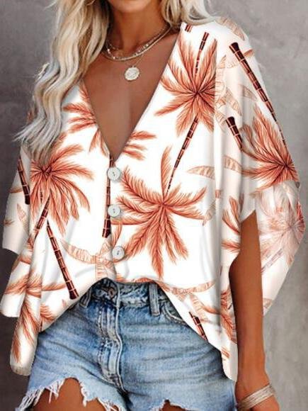 Loose Deep V-neck Mid-sleeved Shirt - Blouses - INS | Online Fashion Free Shipping Clothing, Dresses, Tops, Shoes - 11/06/2021 - BLO2106110099 - Blouses