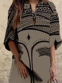 Loose Face Print V-neck Dress - Maxi Dresses - INS | Online Fashion Free Shipping Clothing, Dresses, Tops, Shoes - 15/06/2021 - Color_Coffee - Color_White