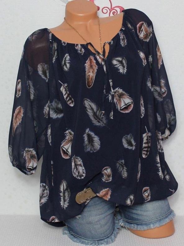 Loose Feather Print V-neck Five-point Sleeve Shirt - Blouses - INS | Online Fashion Free Shipping Clothing, Dresses, Tops, Shoes - 10-20 - 20/07/2021 - BLO2107201205