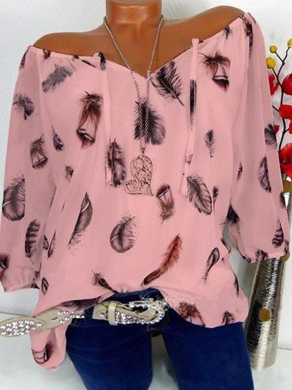 Loose Feather Print V-neck Five-point Sleeve Shirt - Blouses - INS | Online Fashion Free Shipping Clothing, Dresses, Tops, Shoes - 10-20 - 20/07/2021 - BLO2107201205