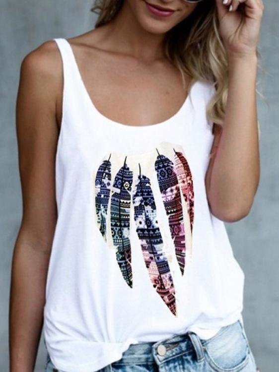 Loose Feather Print Women's Sleeveless Vest - Tank Tops - INS | Online Fashion Free Shipping Clothing, Dresses, Tops, Shoes - 19/05/2021 - Color_Black - Color_White