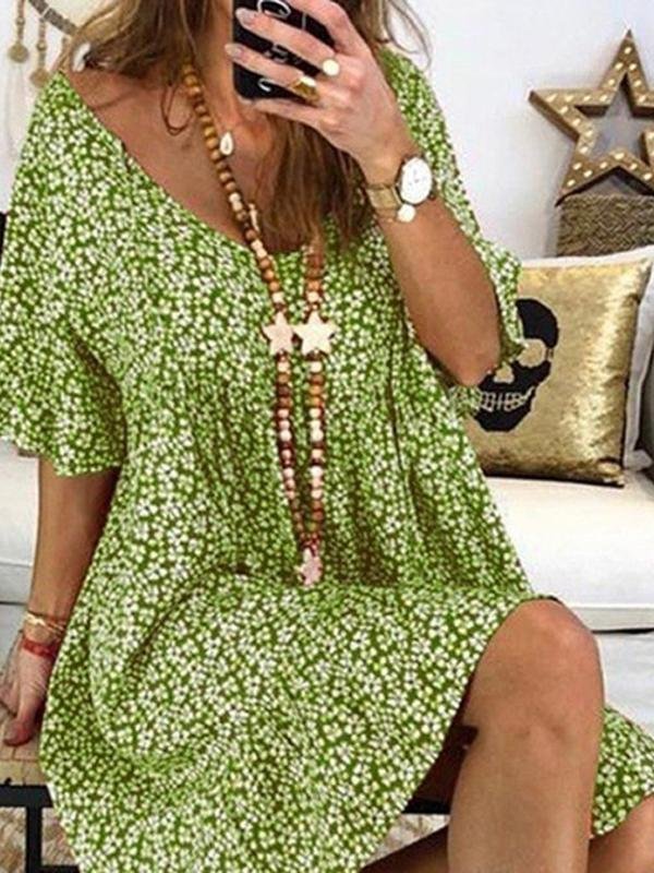 Loose Flared Sleeve Printed Casual Dress - Mini Dresses - INS | Online Fashion Free Shipping Clothing, Dresses, Tops, Shoes - 24/05/2021 - Category_Mini Dresses - Color_Green