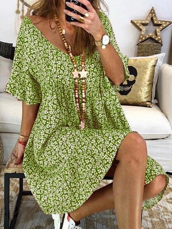 Loose Flared Sleeve Printed Casual Dress - Mini Dresses - INS | Online Fashion Free Shipping Clothing, Dresses, Tops, Shoes - 24/05/2021 - Category_Mini Dresses - Color_Green