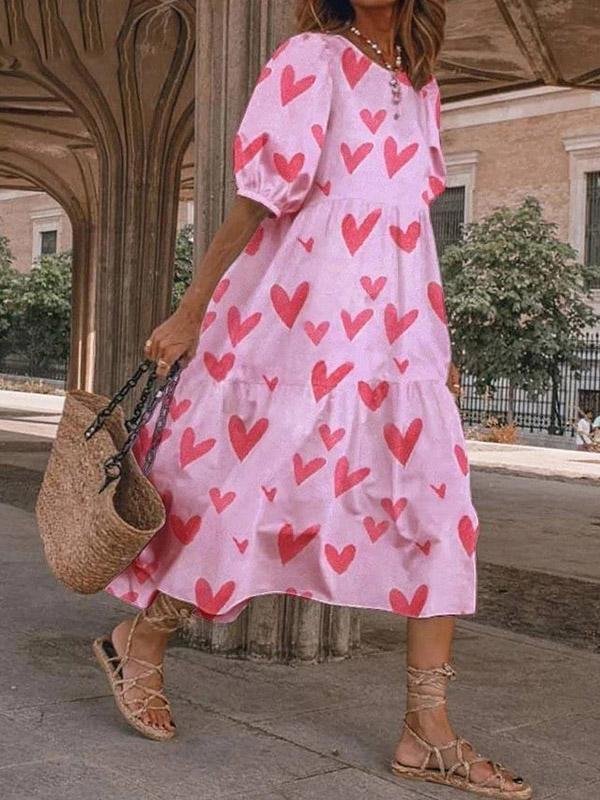 Loose Heart Print Puff Sleeve Dress - Midi Dresses - INS | Online Fashion Free Shipping Clothing, Dresses, Tops, Shoes - 20-30 - 26/07/2021 - Category_Midi Dresses