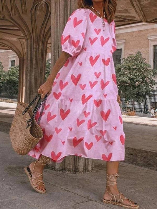 Loose Heart Print Puff Sleeve Dress - Midi Dresses - INS | Online Fashion Free Shipping Clothing, Dresses, Tops, Shoes - 20-30 - 26/07/2021 - Category_Midi Dresses