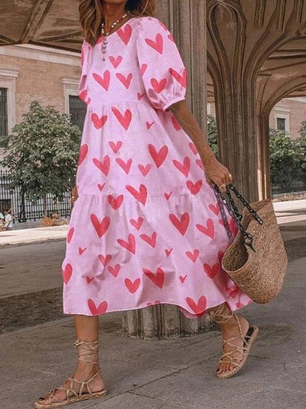 Loose Heart Print Puff Sleeve Dress - Midi Dresses - INS | Online Fashion Free Shipping Clothing, Dresses, Tops, Shoes - 20-30 - 26/07/2021 - Category_Midi Dresses