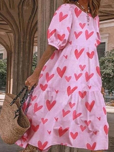 Loose Heart Print Puff Sleeve Dress - Midi Dresses - INS | Online Fashion Free Shipping Clothing, Dresses, Tops, Shoes - 20-30 - 26/07/2021 - Category_Midi Dresses