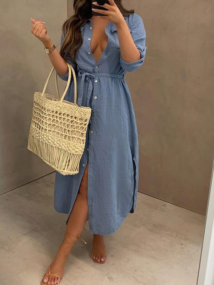 Loose Large Size Deep V Button Shirt Dress - Midi Dresses - INS | Online Fashion Free Shipping Clothing, Dresses, Tops, Shoes - 24/05/2021 - Color_Apricot - Color_Army Green