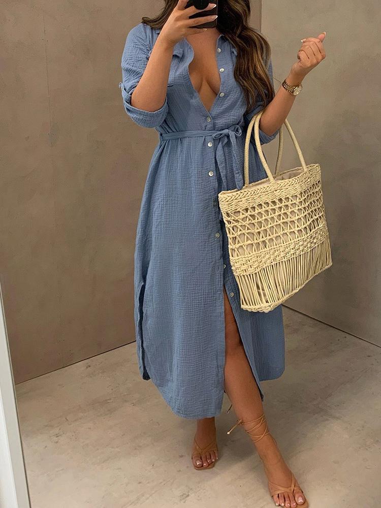 Loose Large Size Deep V Button Shirt Dress - Midi Dresses - INS | Online Fashion Free Shipping Clothing, Dresses, Tops, Shoes - 24/05/2021 - Color_Apricot - Color_Army Green
