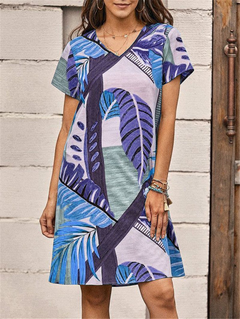 Loose Leaf Print Short Sleeve Dress - Mini Dresses - INS | Online Fashion Free Shipping Clothing, Dresses, Tops, Shoes - 17/07/2021 - 20-30 - Category_Mini Dresses