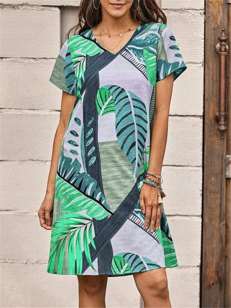 Loose Leaf Print Short Sleeve Dress - Mini Dresses - INS | Online Fashion Free Shipping Clothing, Dresses, Tops, Shoes - 17/07/2021 - 20-30 - Category_Mini Dresses